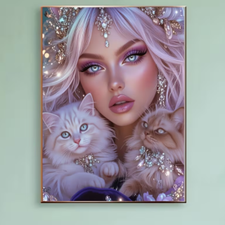 Preview: Diamond Painting Schönheit und ihre Katzen